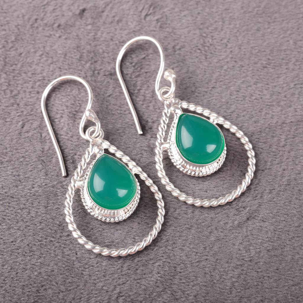 Dazzling Green Onyx Cab Gemstone Jewelry, 925 Solid Sterling Silver Earrings, Handmade Intuition Earrings, For Wedding Gift
