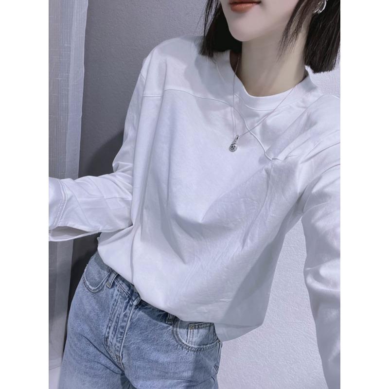 

Круглый вырез горловины, чистая версия, базовая рубашка для женщин на осень и зиму, новая свободная и универсальная тонкая футболка с длинными рукавами S белый