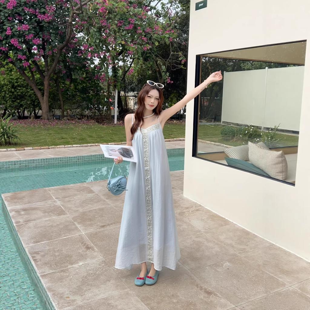 Summer New Green-style New Chinese Style Loose Heavy-duty Lace Lace Chiffon Camisole Long Dress for Women