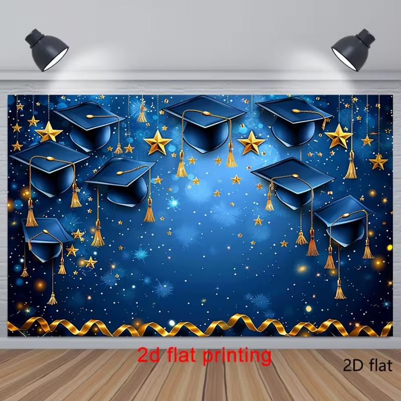 Sfondo 2D Tocco di Laurea, Cielo Blu Stellato con Sfondo a Nastro Dorato