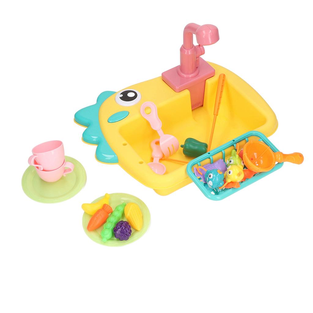 2 in 1 Play Kitchen Sink Toys with Running Water Automatic Faucets Pretend Dinosaur Fishing Toys