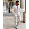Completo Estivo Casual da Uomo in Lino Beige a 2 Pezzi: Camicia con Collo alla Mandarina e Pantaloni Conici