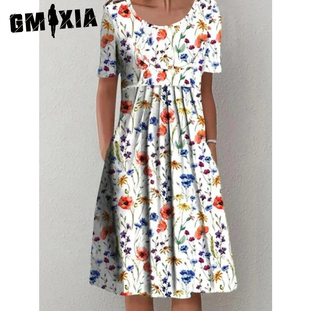 GMXIA 30 Color Pleated Midi Dress Short Sleeve Round Neck Loose Hem Mid-Calf Length Women Floral A-Line Party Dress Casual Wear