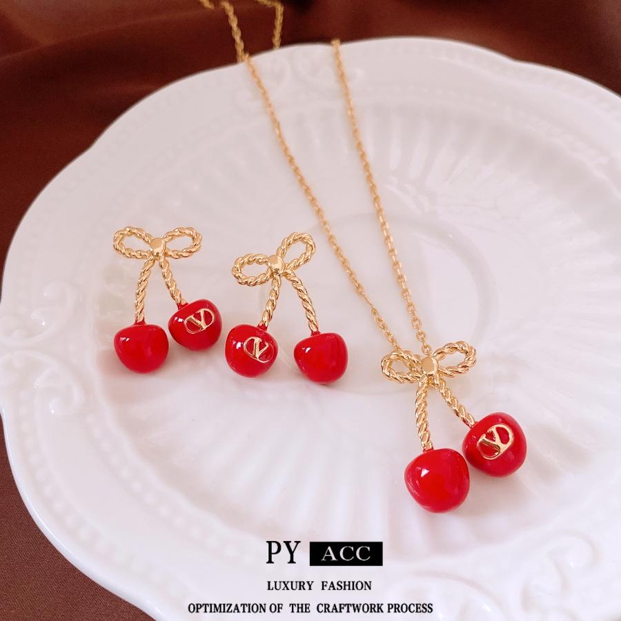 Red Cherry Pendant Earrings & Necklace Set: Stylish Minimalist Jewelry