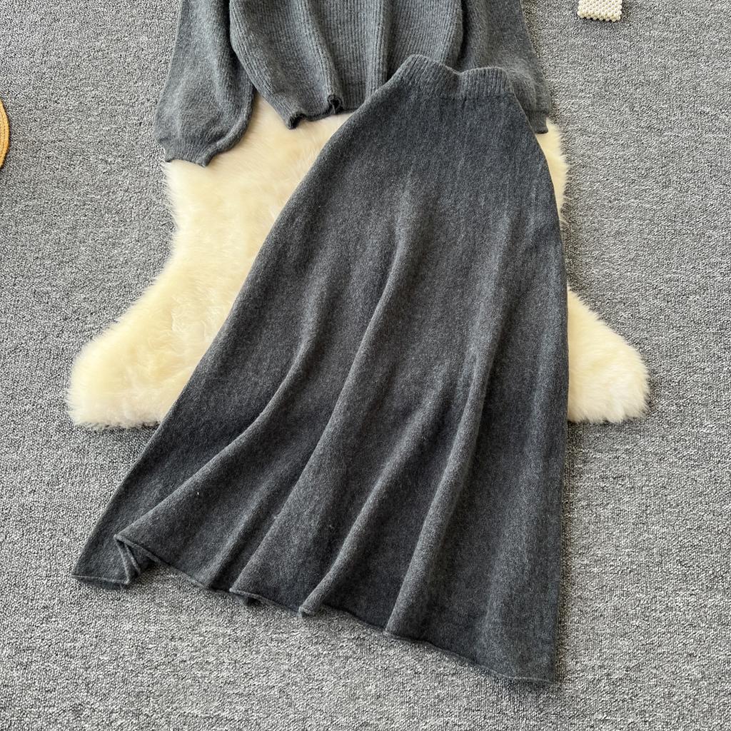 Autumn Casual Two Pieces Sets Women O-Neck Loose Knitting Top+Elastic Waist Large Swing Skirt Basic Korean Winter Sets