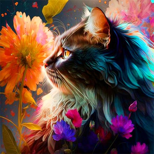 5D DIY Diamantmalerei Katze Farbe Pfingstrose Stickerei Mosaik Tier Blume Kreuzstich-Set Quadratisch/Rund Heimdekor