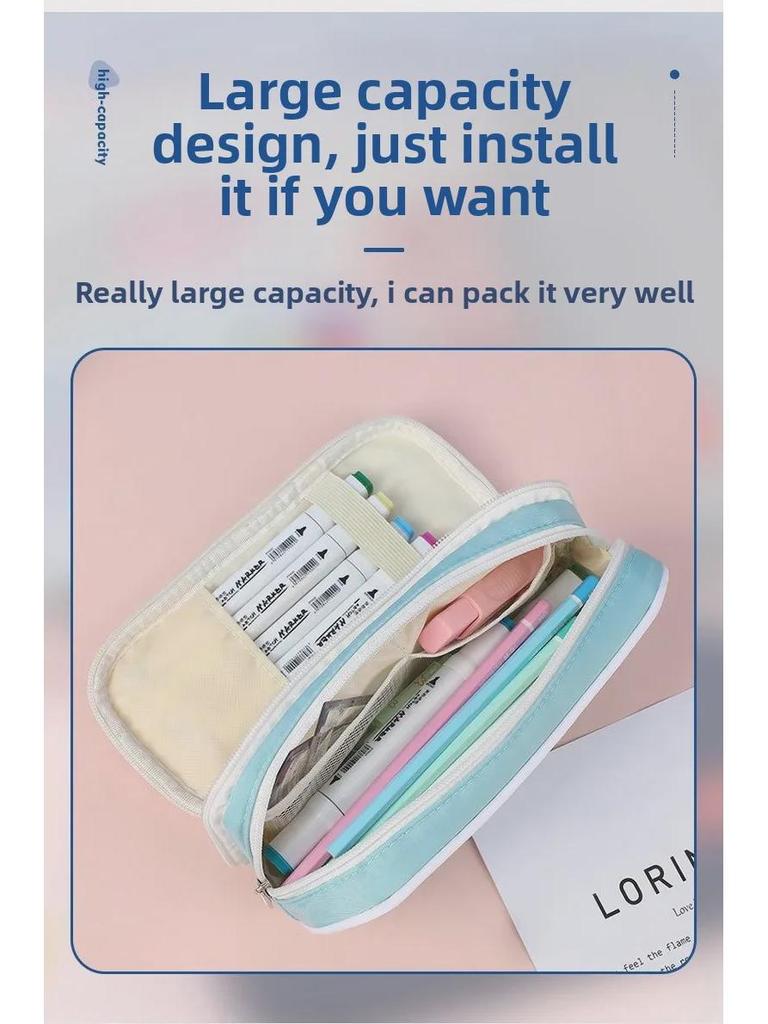 Macaron Colorblock Large Capacity Art Student Pencil Case - Double Layer Oxford Cloth Paintbrush Storage Bag