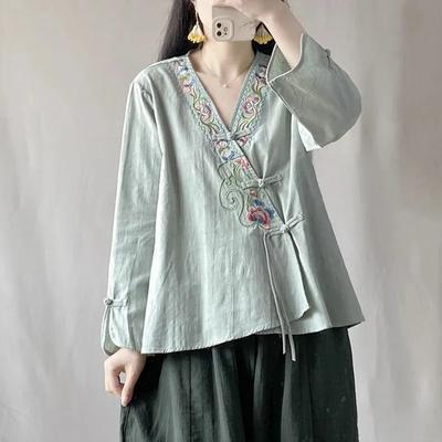 Women's White Cheongsam-Style Blouse with Embroidery V-Neck Long Sleeve Casual Top