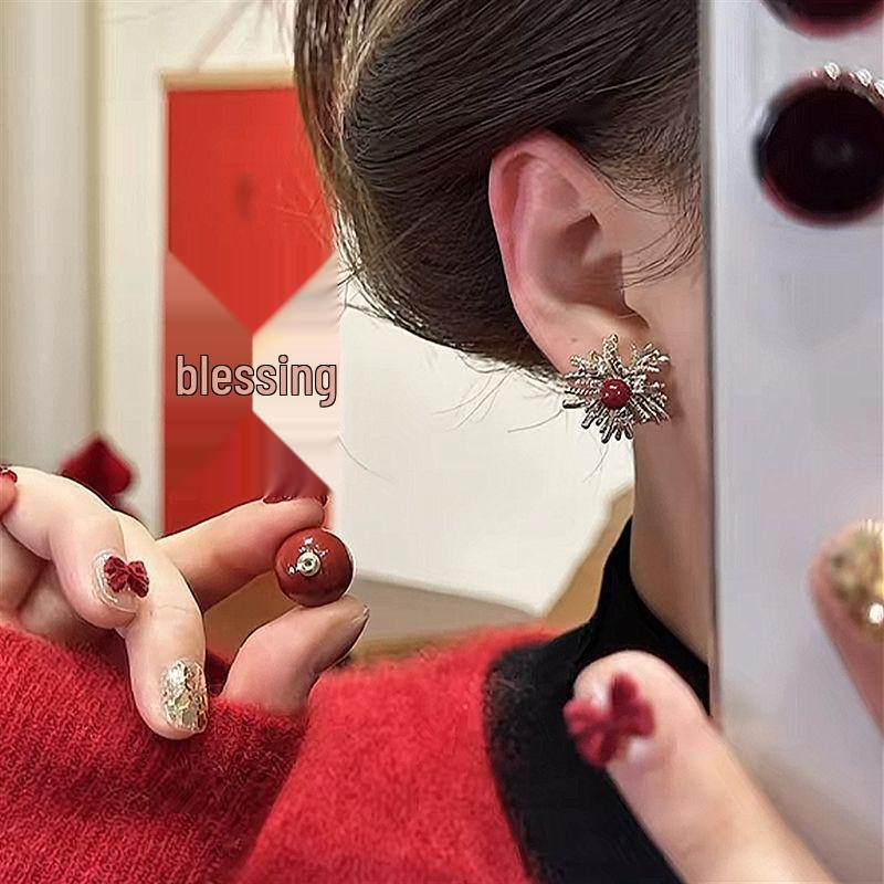 Autumn/Winter Ankara Red Pearl Firework Stud Earrings: High-End Two-Way Luxury Festive Earrings for Women