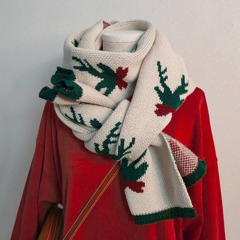 Elk Christmas Scarf for Female Students Korean Version Double Sided Wool Knitted Jacquard Warm Scarf As A Gift