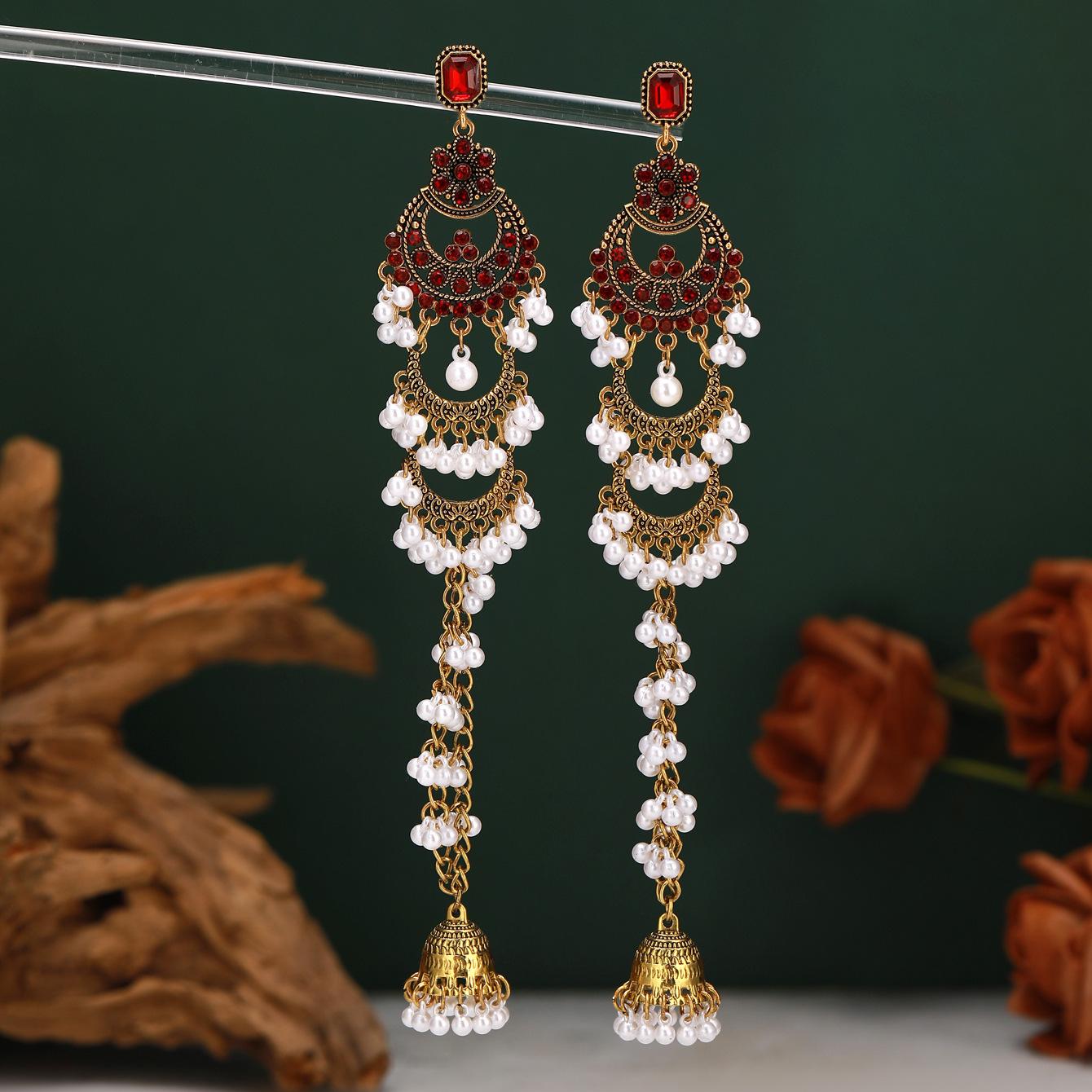 Exotic Rhinestone Tassel Pearl Earrings: Ethnic Style Long Dangle Fashion Accessories красный