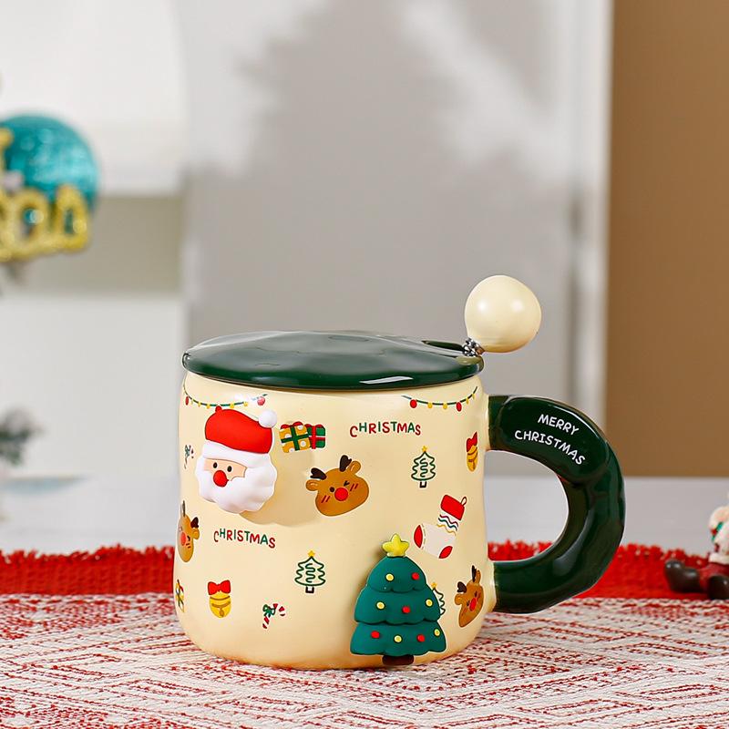 Magnetic Christmas mug with lid spoon Large capacity Christmas gift Cartoon creative DIY Christmas ceramic cup
