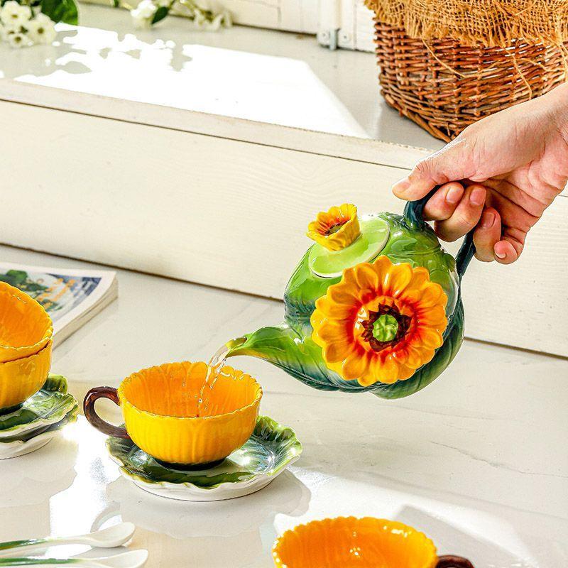 Kreative Sonnenblumenform Keramik Kaffeetasse Teekanne Tasse Zarte Blumige Emaille Farbe Teetasse Büro Tasse Trinkgeschirr Geburtstagsgeschenk