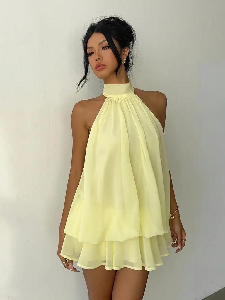 European & American Women's Backless Halter Strap Dress - Holiday Slim Fit with Puffy Short Skirt