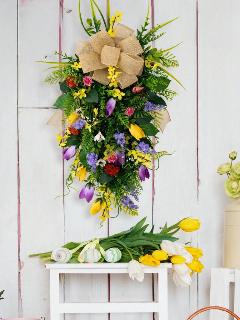 Spring and Summer Wall Courtyard Decoration Supplies Linen Bow Violet Tulip Wreath 1pc