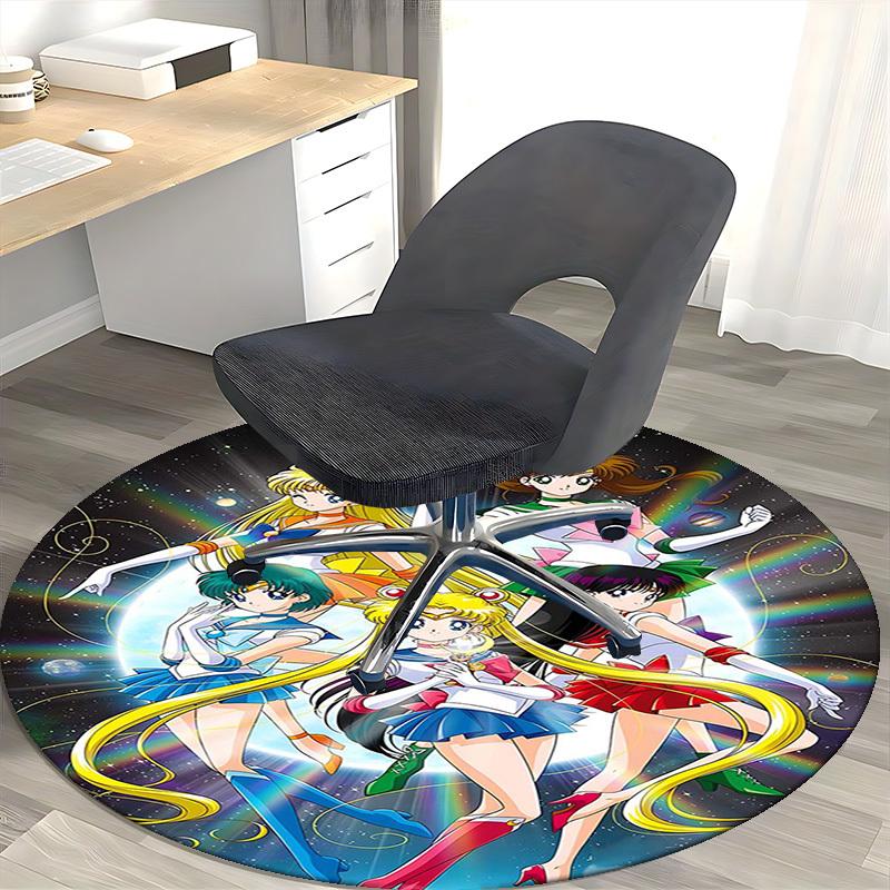 1pc Sailor Moon Anime Cartoon Design Round Carpet Office Chair Mat, NonSlip Rug for Home Decor, Living Room, Bedroom, Game Room