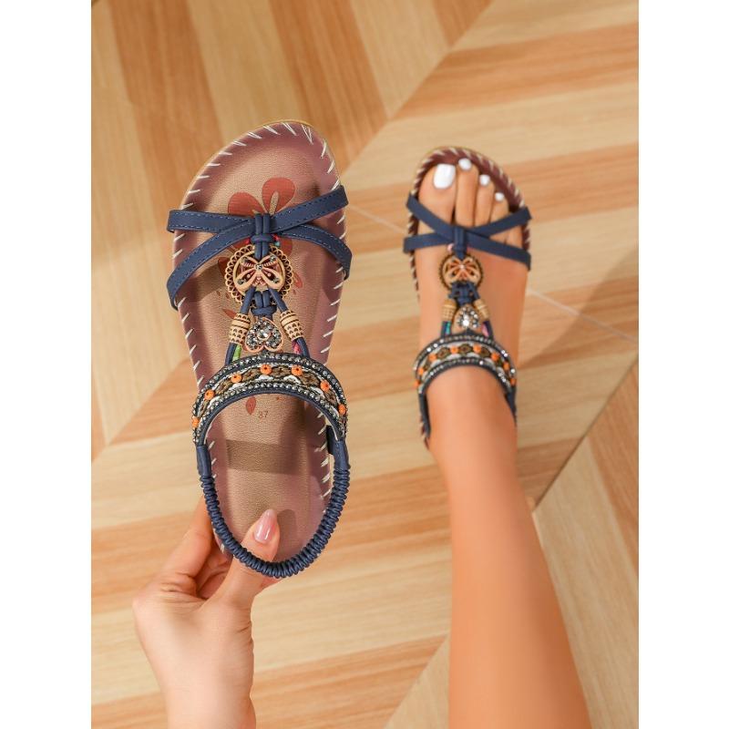 Sandali Bohemien con Perline Donna Punta Aperta Cinturino Elastico Scarpe Casual Estive
