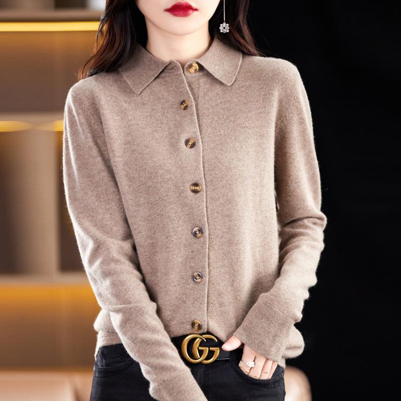 Polo Collar Knitted Cardigan for Women In Autumn and Winter New Andy Velvet Lapel Long Sleeve Top Skin-friendly and Warm Loose Jacket