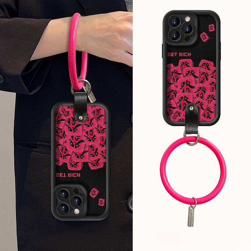 Rose Red Mahjong Hair Bracelet Suitable for Apple 16PRO Lambskin Mobile Phone Case 15/14 Fine Hole Silicone Anti-fall Creativity