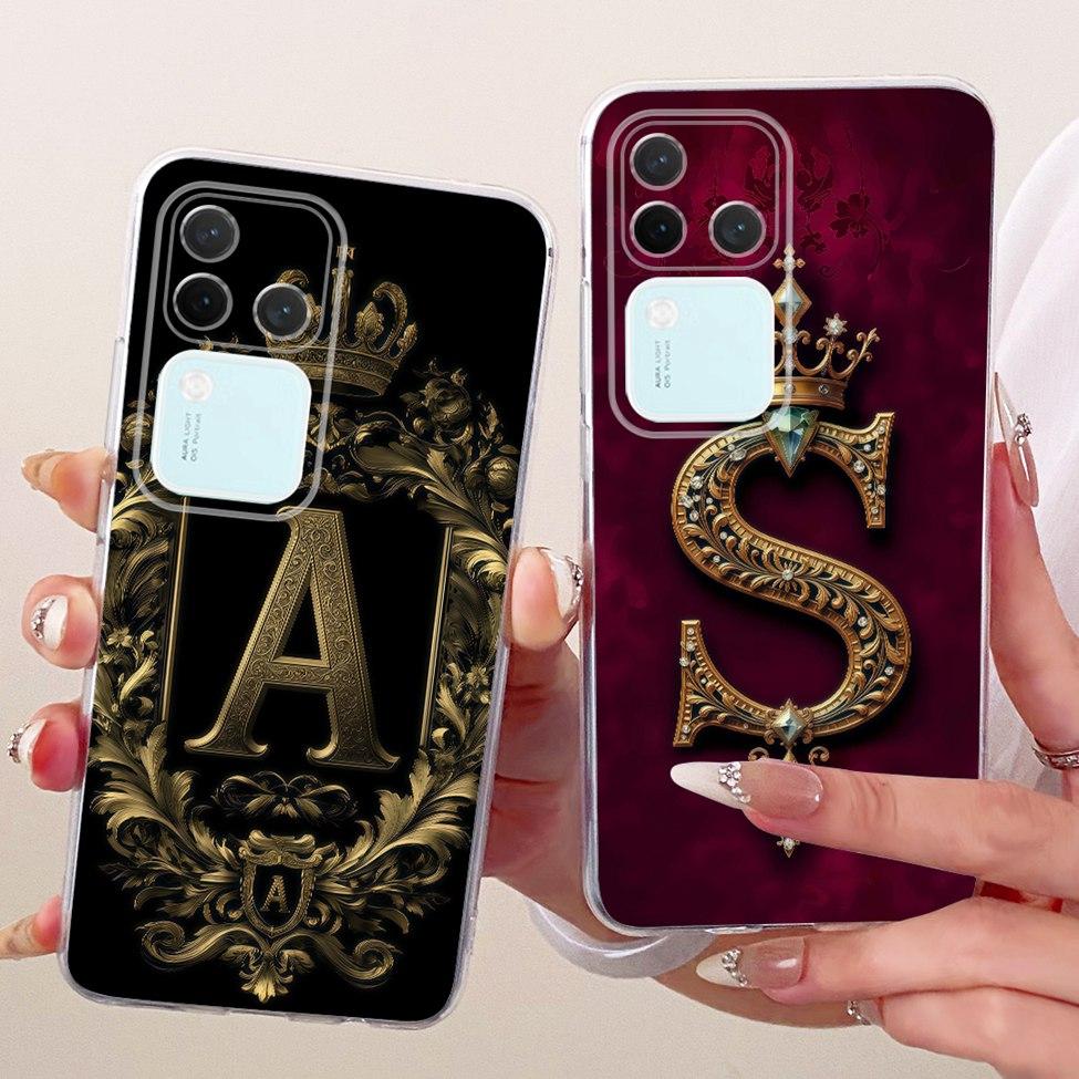 Für Vivo S18Pro V2344A Hülle Für Vivo S18 Pro Abdeckung Transparent Luxus Krone A-Z Buchstaben 2D Flaches Muster Weiches Gehäuse