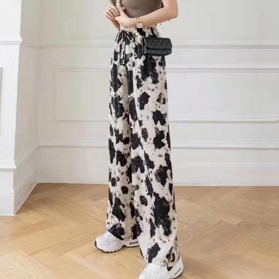 Women Summer Casual Pants Elastic Waist Adjustable Tie Straight Wide Leg Long Trousers Camouflage Striped Print Lounge Pants Streetwear