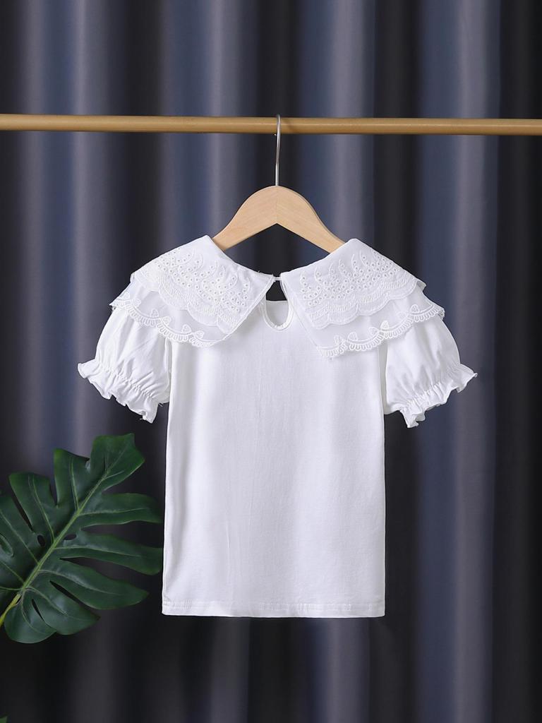 High-End Girls' Lace Collar White Summer Top - Thin Style, Short Sleeve