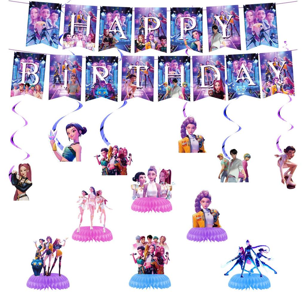 K-Pop Blue Witch Hunter Birthday Party Banner, Cake Toppers, and Balloon Set Decorations