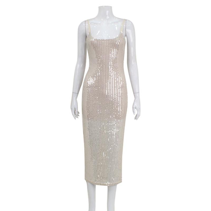 Sexy Women Beaded Sequin High Waist Slim Fit Bodycon Camisole Long Dress