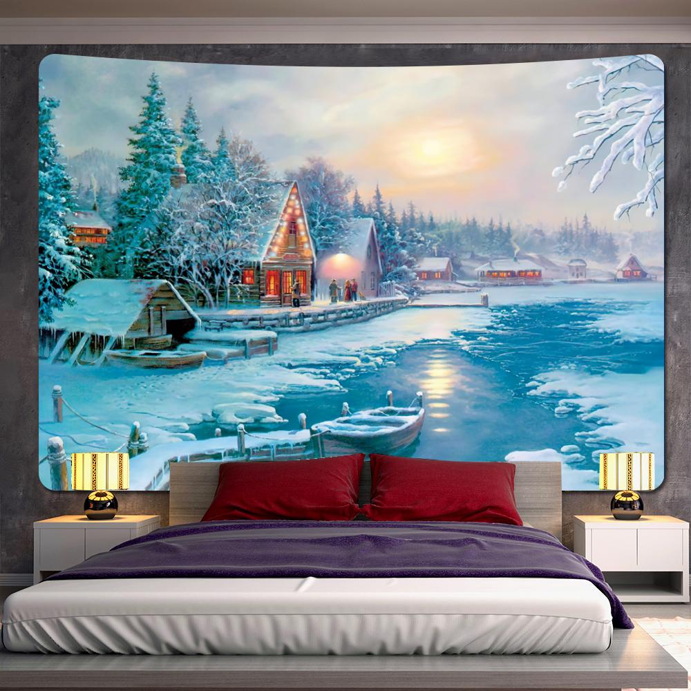 New Year Christmas Snow Scene Oil Painting Printing Pattern Tapestry Home Living Room Bedroom Wall Decoration Tapestry