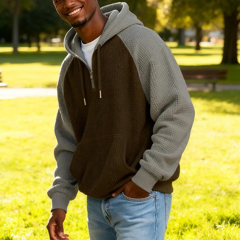 Fashion Patchwork Mens Hoodies Vintage Contrast Color Waffle Textured Hooded Sweatshirts Spring Fall Casual Men Loose Hoodie