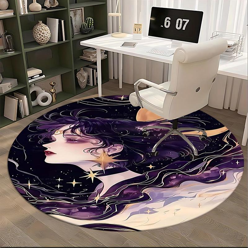 1pc Anime Design Round Carpet Office Chair Mat, Non Slip Rug with Starry Sky and Moon Print for Home Decor