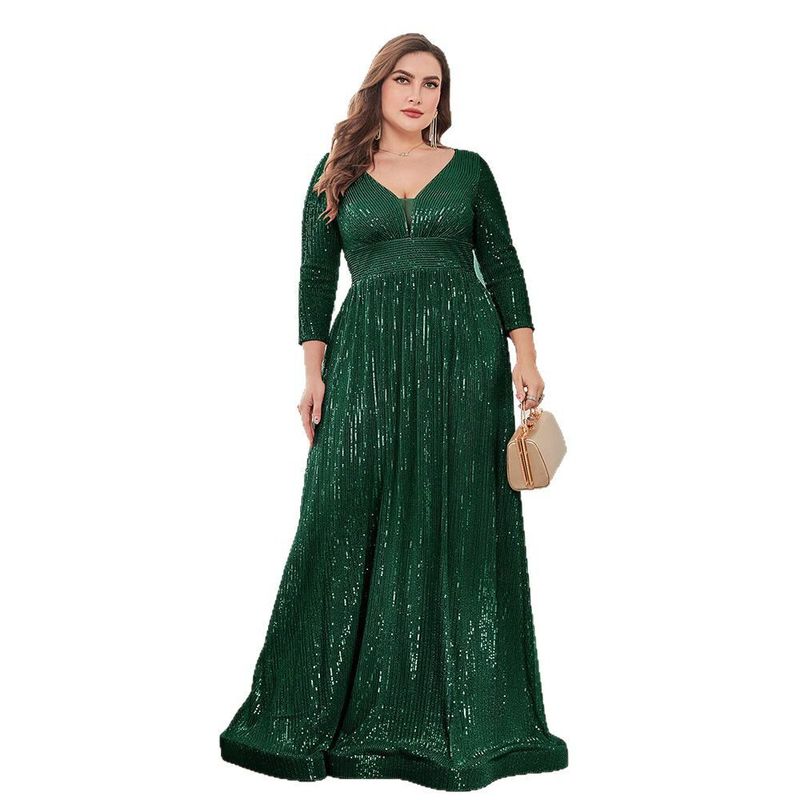 Cross-Border Amazon New Evening Dress Plus Size Sequined Long-Sleeved V-Neck Elegant Long Dress for Parties and Banquets