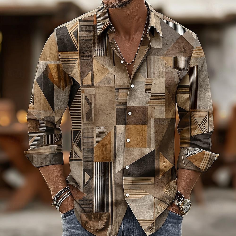 Men's Geometric Color Block Patchwork Shirt 3D Printed Shirt Button Up Shirt Casual Long Sleeve Shirt Street Blouse for Mens