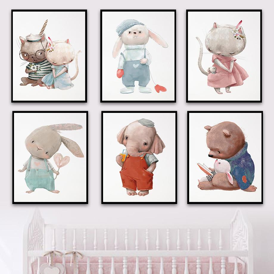 

Плакат с милыми животными и кроликами, декор для детской комнаты, настенные картины, безрамное украшение для дома, холст, картина для декора детской комнаты, без рамки