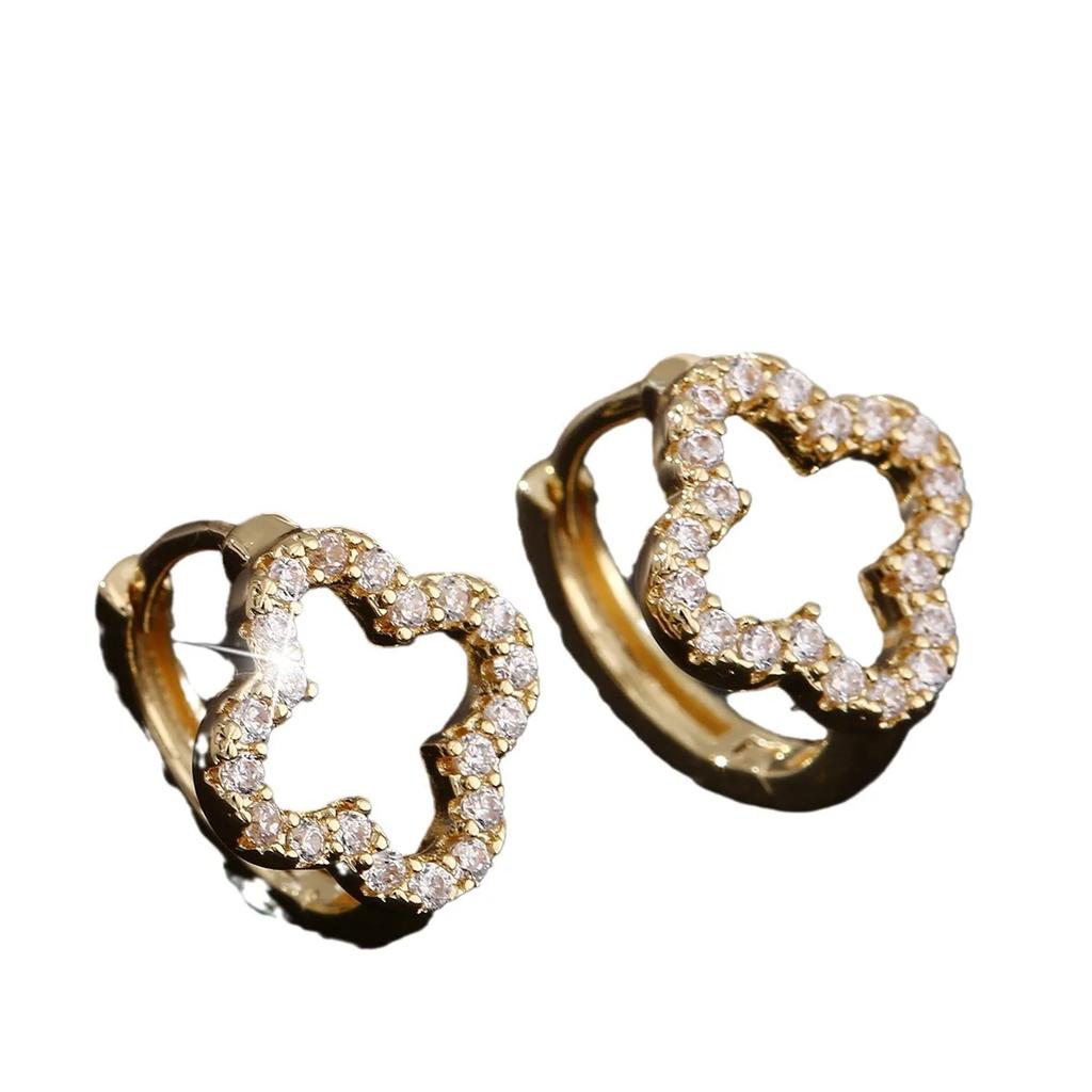 Exquisite Luxury Zircon Embedded Copper Floral Hollow out Petal Earrings Fashion Lucky Flower Shaped Ear Jewelry Accessories