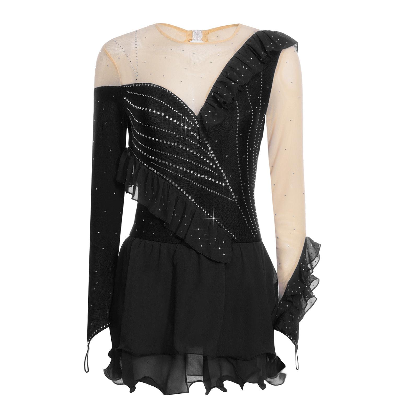 

Womens Figure Skating Leotard Dress Ruffled Trim Rhinestones Tiered Chiffon Hem Skirt S чорний