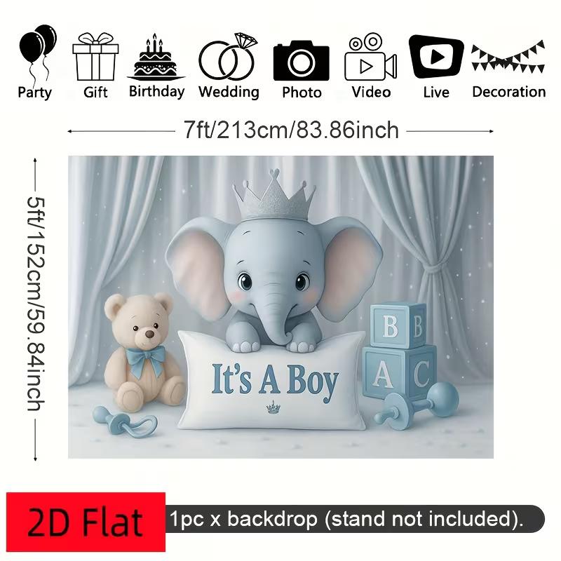 2D Boy Baby Shower Banner, Blue Elephant & ABC Blocks Decoration Background