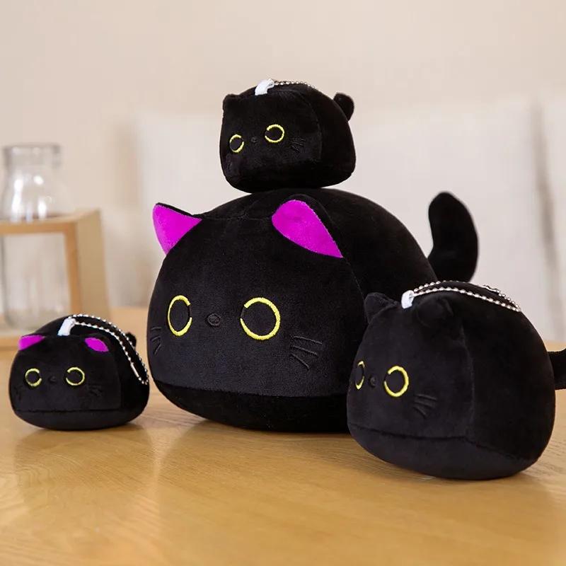 10/15/25CM Kawaii Cuddly Black Cat Plush Doll Cartoon Stuffed Round Ball Cat Plushie Girl's Bag Keychain Pendant Toys Ornaments