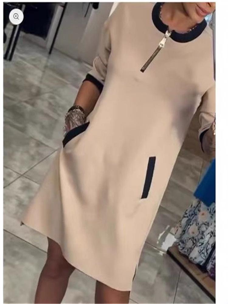 2024 V-Neck Zipper Seven-Sleeve Casual Dress