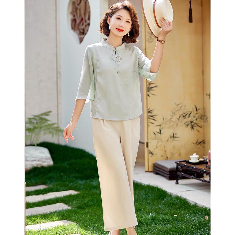 Pa Si Te Mother's Summer Chinese Style Embroidered 3/4 Sleeve Top & Casual Pants Set
