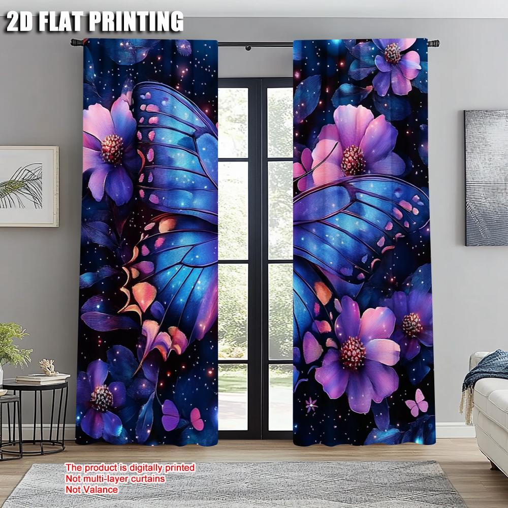 2pcs, Popular Curtains 2D print Purple Butterfly Polyester Easy Install (without rod) Gifts Use for Living Room, Office,