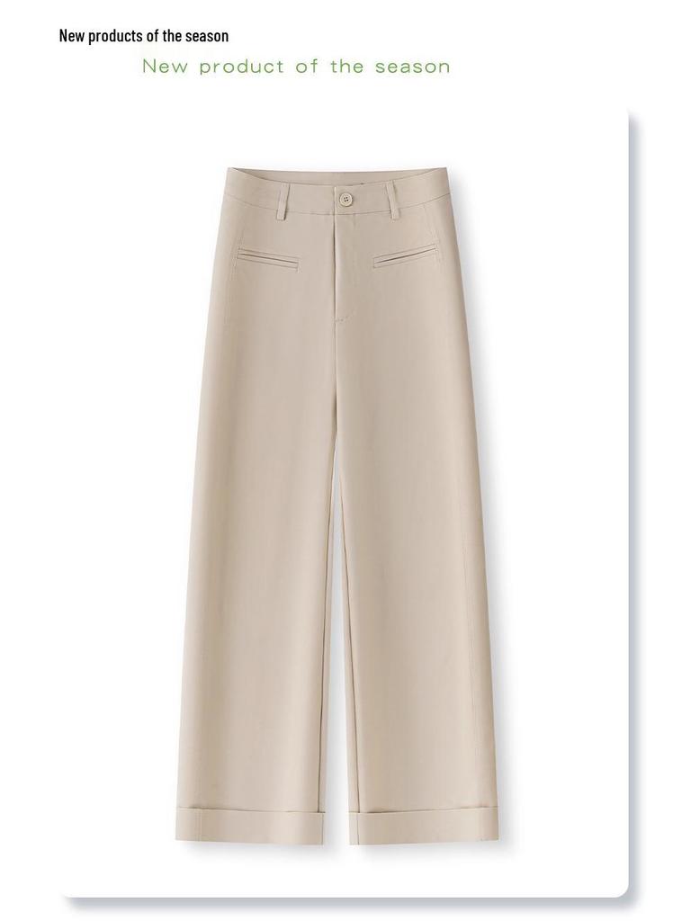 Women's Beige High Waist Wide Leg Cropped Pants - Slimming, Casual, Loose Fit, Spring/Summer 2025 Collection