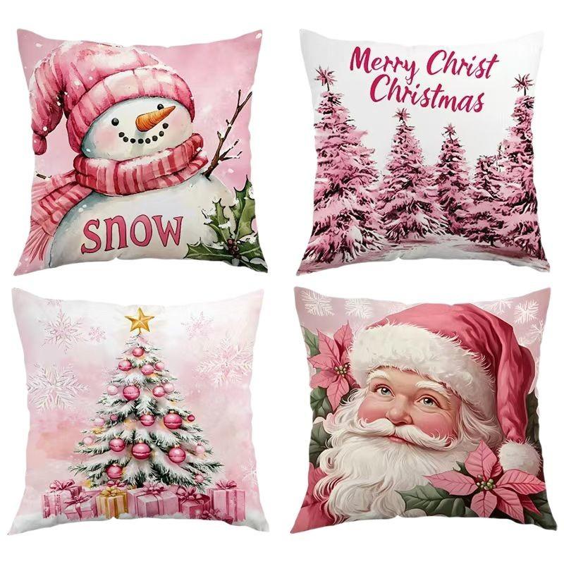 Pink Christmas Throw Pillow Cover Linen Holiday Decoration Living Room Sofa Cushion Cover Cushion Cover Car Decoration