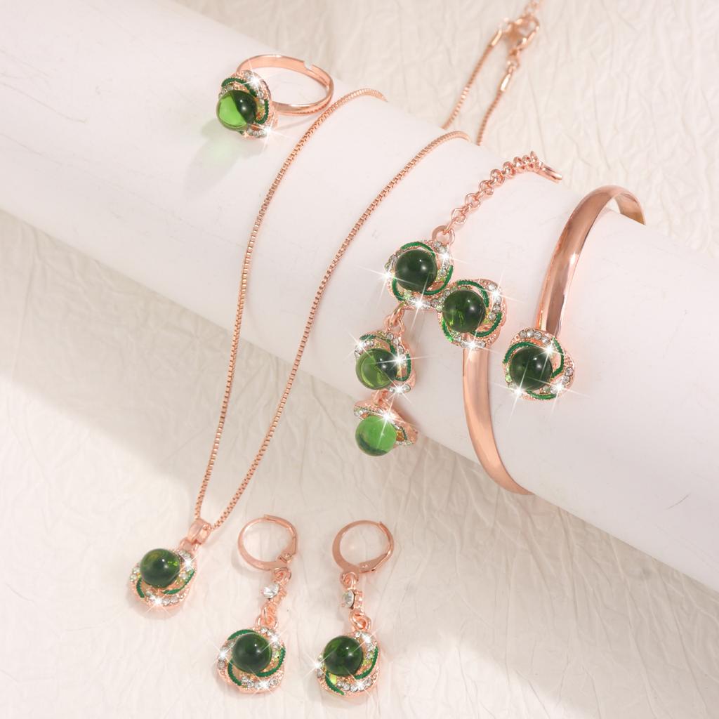 5Pcs Jewelry Sets Shining Zircon Spiral Flower Red Bead Faux Pearl Necklace Earrings Ring Bangle Bracelet Set for Women Banquet
