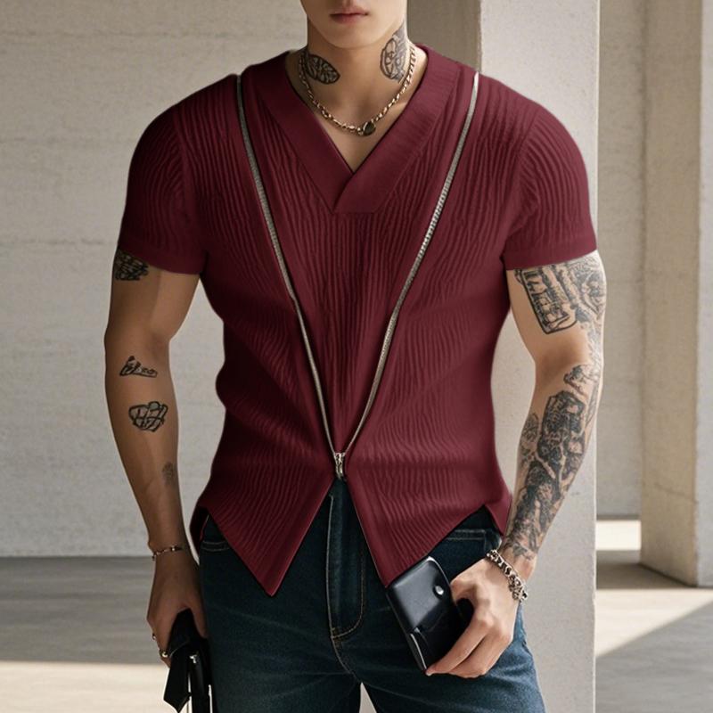 

INCERUN Мужские летние футболки с коротким рукавом и молнией спереди, облегающие топы с текстурой M вино красного