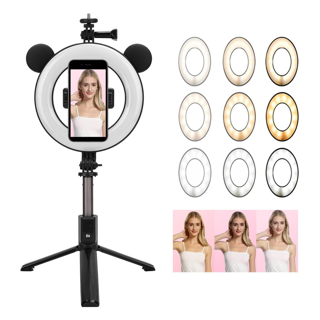 Kabelloser Bluetooth Selfie-Stick mit Ringlicht-Halterung, Faltbarer Stativständer, Desktop-Selfie-Stick