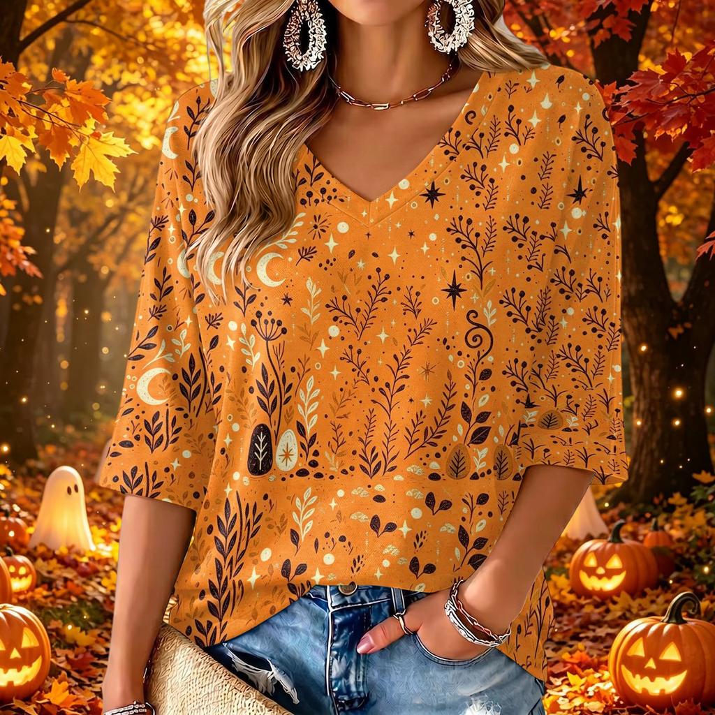 Women's V-Neck Floral Print Three-Quarter Sleeve Casual Top