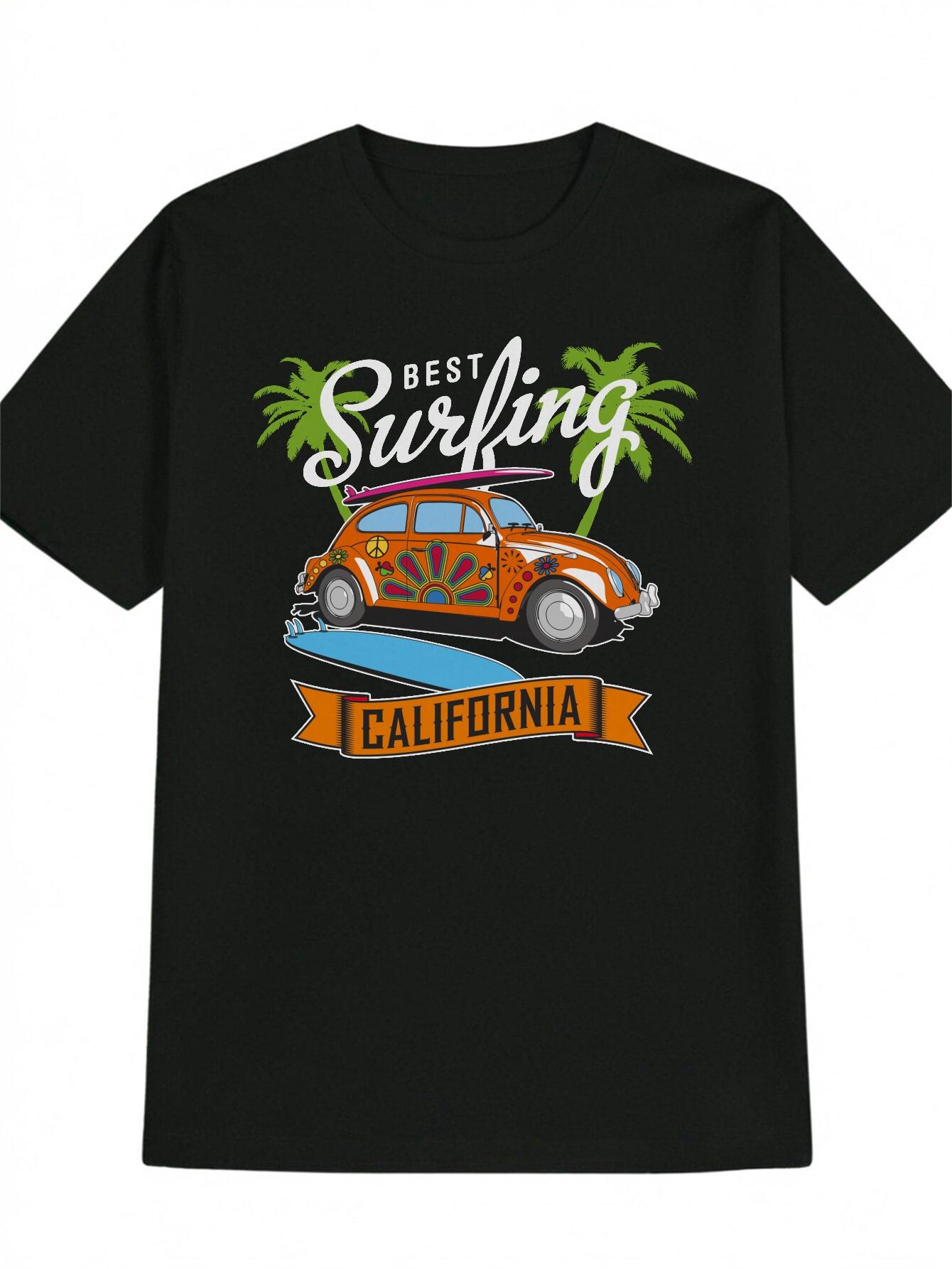 Casual Crew Neck T-shirt with Vibrant Surfing Car Graphic - Best Surfing California Design XXXXL
