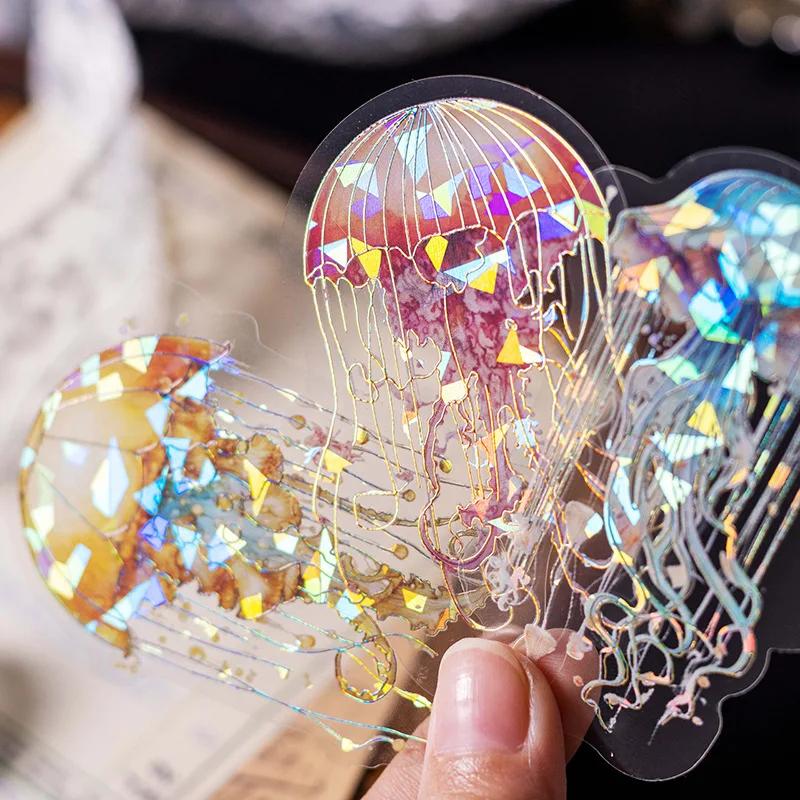 20 Pcs Laser Sticker Package Jellyfish Series Dreamlike Watercolor Jellyfish Ocean Hand Tent DIY Decorative Collage Material