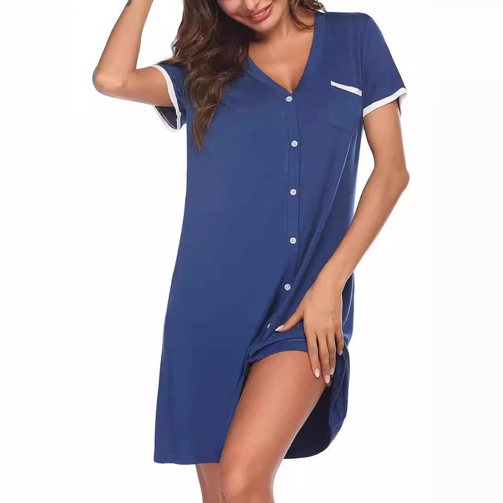 For Women V-neck Short-sleeved Contrasting Color Home Wear Simple Women Short Nightgown Summer Mid-length Dress with Pockets